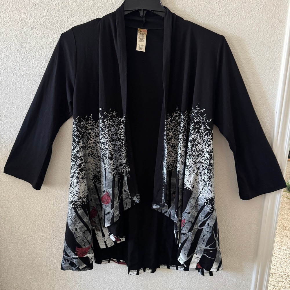 A Walk in the Park Cardinal Forest Open Cardigan M Black Winter Eclectic Birds